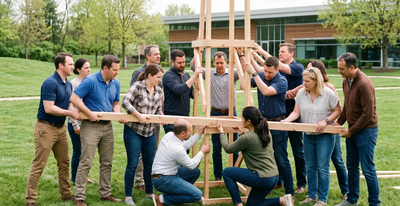 Groupe de collaborateurs d'âges et profils variés construisant ensemble une structure en bois lors d'un team building en extérieur dans un parc d'entreprise