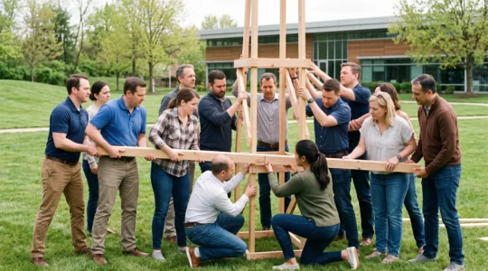 Groupe de collaborateurs d'âges et profils variés construisant ensemble une structure en bois lors d'un team building en extérieur dans un parc d'entreprise