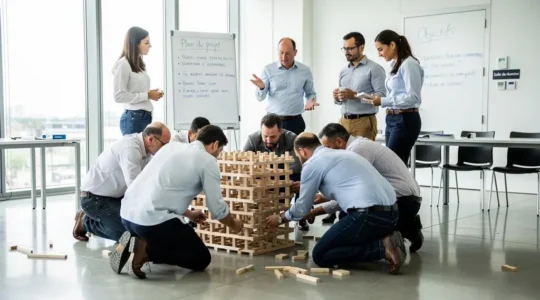 Groupe de collaborateurs d'âges et profils variés construisant ensemble une structure en bois lors d'un team building en extérieur dans un parc d'entreprise