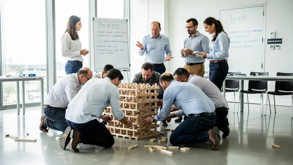 Groupe de collaborateurs d'âges et profils variés construisant ensemble une structure en bois lors d'un team building en extérieur dans un parc d'entreprise