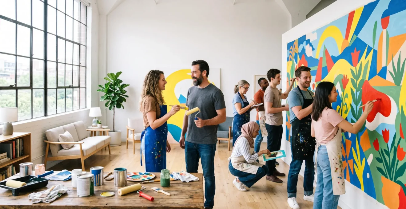 Groupe de collaborateurs de profils variés créant ensemble une fresque murale colorée lors d'un atelier team building créatif en intérieur